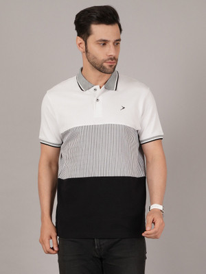 DAVNO Striped Men Polo Neck White T-Shirt