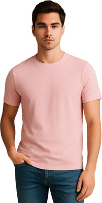 KART BLACK Solid Men Round Neck Pink T-Shirt