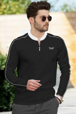 TRIPR Solid Men Mandarin Collar Black, White T-Shirt
