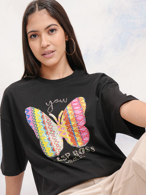 Tokyo Talkies Self Design Women Round Neck Black T-Shirt