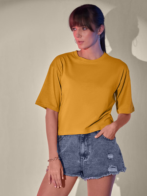 DIMPY GARMENTS Solid Women Round Neck Yellow T-Shirt
