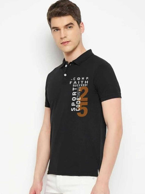 flora shine Printed Men Polo Neck Black T-Shirt