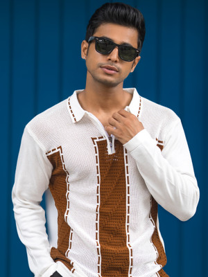 MANIAC Striped Men Polo Neck White, Brown T-Shirt