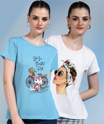 CHOZI Printed Women Round Neck Light Blue, White T-Shirt