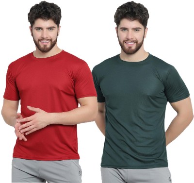 af collection Solid Men Round Neck Maroon, Dark Green T-Shirt