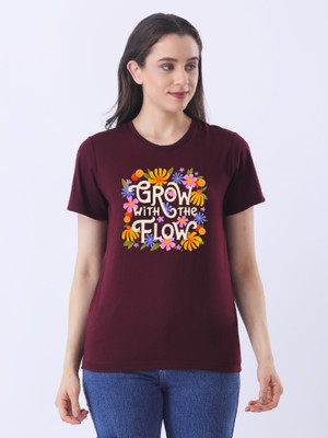 Ns Fashion Printed Women Round Neck Maroon T-Shirt