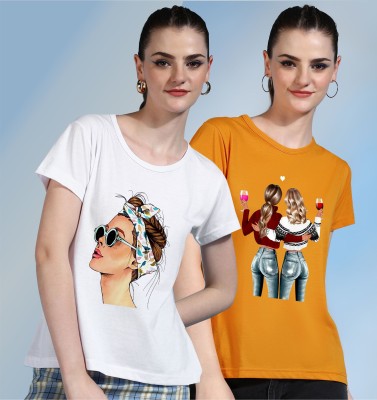 CHOZI Printed Women Round Neck White, Yellow T-Shirt