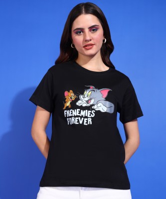 TOM AND JERRY by DreamBe Printed, Typography Women Round Neck Black T-Shirt
