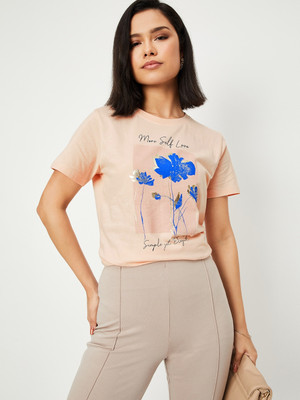 MAX Printed Women Round Neck Pink T-Shirt