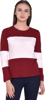 Trendfull Colorblock Women Round Neck Maroon, Pink T-Shirt