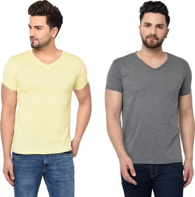 Adorbs Trend Solid Men V Neck Grey, Yellow T-Shirt