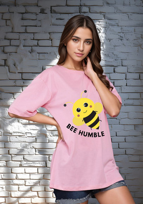 SLENOR Graphic Print Women Round Neck Pink T-Shirt