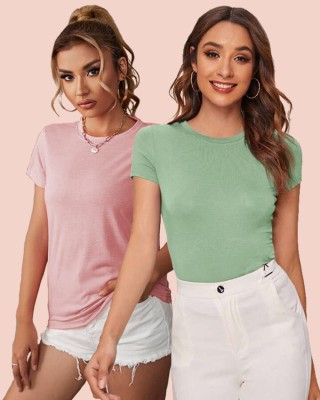 TQH Solid Women Round Neck Pink, Light Green T-Shirt