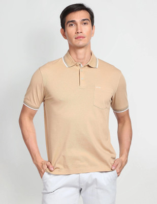 DeerHead Solid Men Polo Neck Beige T-Shirt
