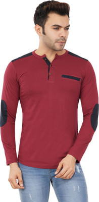 Styvibe Self Design Men Henley Neck Maroon T-Shirt