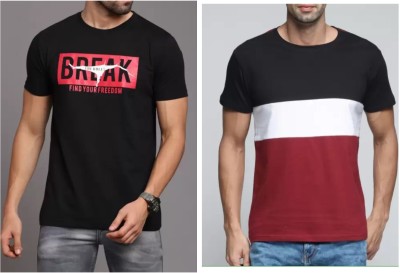 Meetri Printed Men Round Neck Black, Maroon T-Shirt