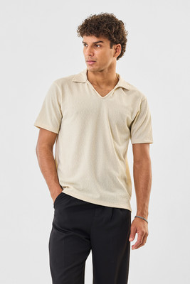 Snitch Self Design Men Polo Neck White T-Shirt