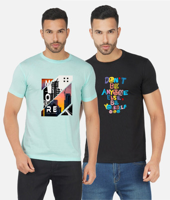 GLOBAL NOMAD Printed Men Round Neck Light Blue, Black T-Shirt