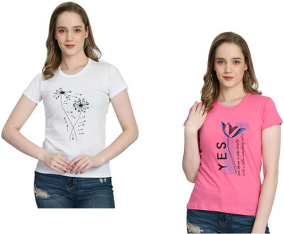 IndiWeaves Printed Women Round Neck White, Pink T-Shirt