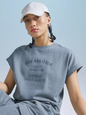 Tokyo Talkies Printed Women Round Neck Blue T-Shirt