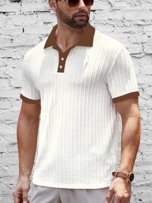 radhe creation Striped Men Polo Neck Brown, White T-Shirt