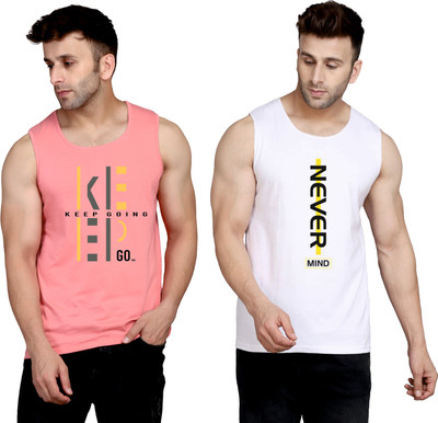 SLOWLORIS Printed Men Round Neck Pink, White T-Shirt