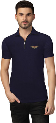 Lawful Casual Printed Men Polo Neck Navy Blue T-Shirt