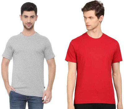 VAN HEUSEN Solid Men Round Neck Grey, Red T-Shirt