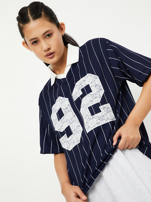 MAX Striped Women Polo Neck Blue T-Shirt