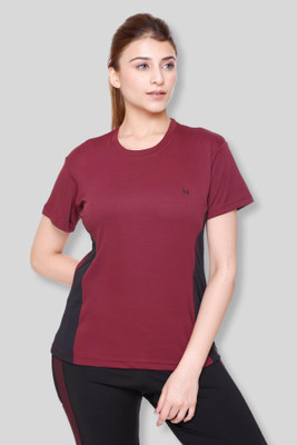 White Moon Colorblock Women Round Neck Maroon T-Shirt