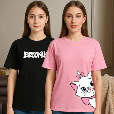 Elvia Printed Women Round Neck Pink, Black T-Shirt