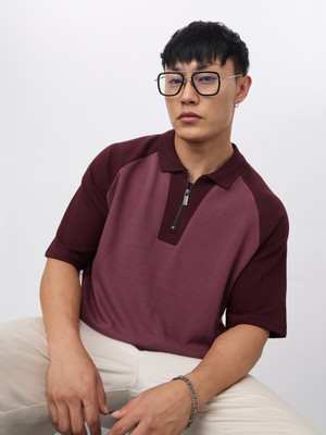 The Souled Store Self Design Men Polo Neck Purple T-Shirt