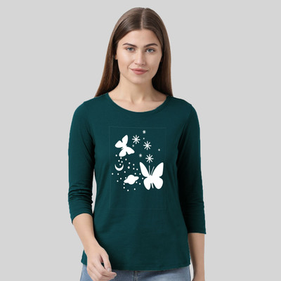 Nilan Tees Wear Printed Women Round Neck Green T-Shirt