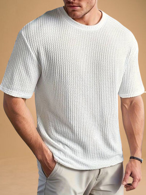 stylesmyth Self Design Men Round Neck White T-Shirt