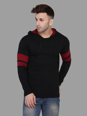 Trendfull Solid Men Hooded Neck Maroon, Black T-Shirt
