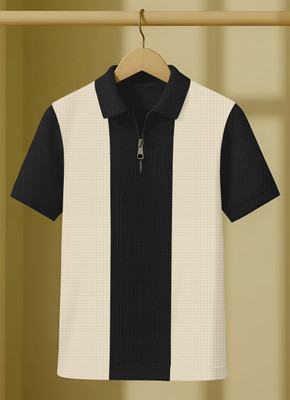 KAJARU Self Design Men Zip Neck Beige, Black T-Shirt