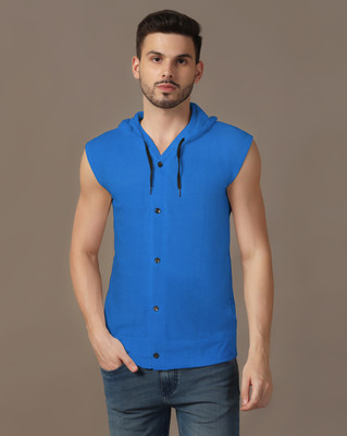 BEYOU FASHION Solid Men Hooded Neck Blue T-Shirt