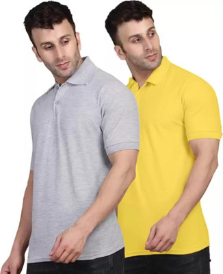 INKKR Solid Men Polo Neck Grey, Yellow T-Shirt