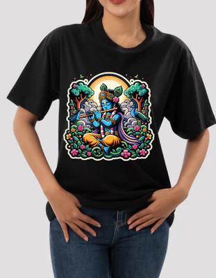 AZALMULTI Printed Women Round Neck Black T-Shirt