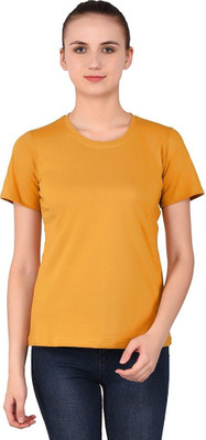 Lawful Casual Solid Women Round Neck Gold T-Shirt
