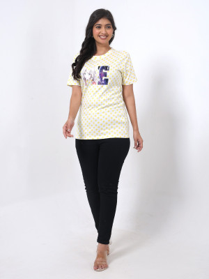 RANGRIWAZ Printed Women Round Neck White, Yellow T-Shirt