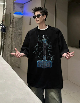 TowLine Geometric Print Men Round Neck Black T-Shirt