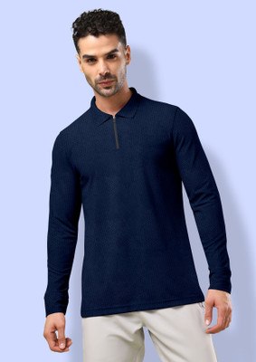 FTX Solid Men Polo Neck Navy Blue T-Shirt