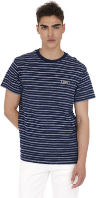 GUESS Striped Men Crew Neck Blue T-Shirt