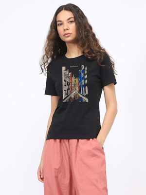 NOBERO Graphic Print Women Crew Neck Black T-Shirt