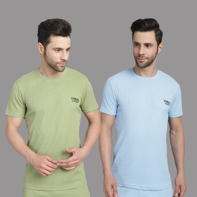 VIMAL JONNEY Solid Men Round Neck Light Green, Light Blue T-Shirt