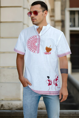 ADIVASI SHOP Printed Men Polo Neck White T-Shirt