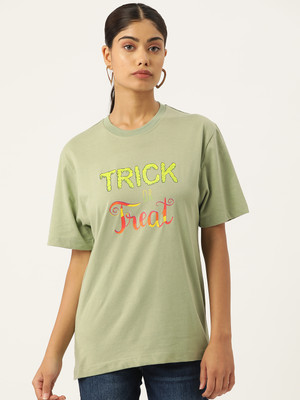 SLENOR Typography Women Round Neck Green T-Shirt