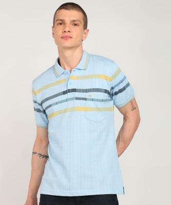 MONTE CARLO Striped Men Polo Neck Light Blue T-Shirt