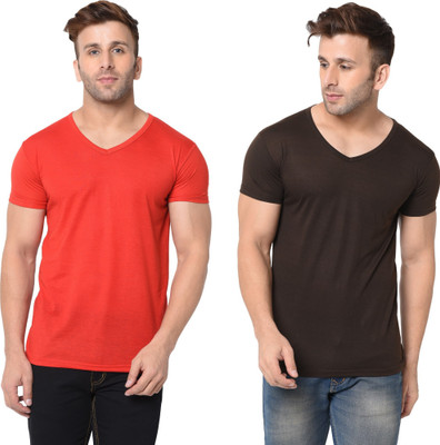 Adorbs Trend Solid Men V Neck Red, Brown T-Shirt